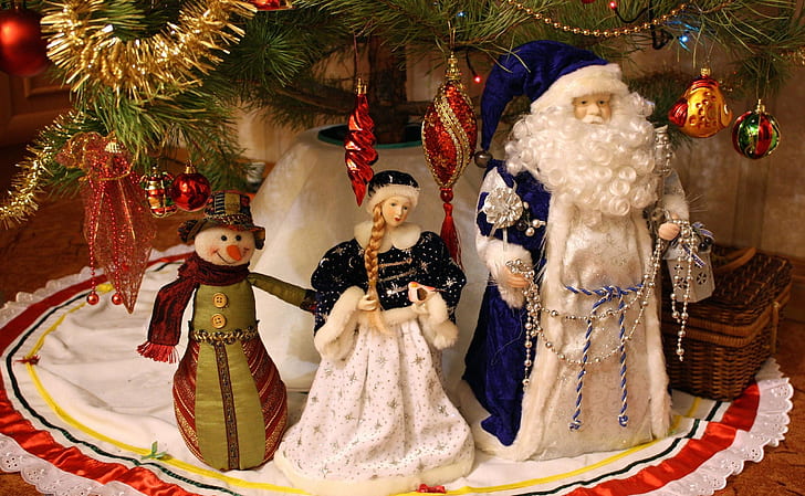 Santa Claus, Snow Maiden, Snowman, HD tapet