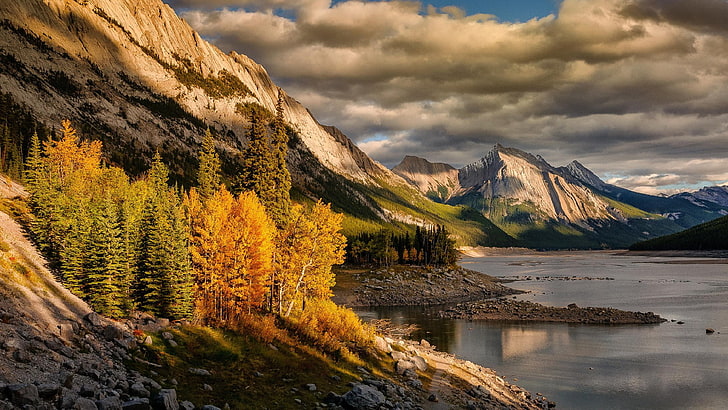 dağ ve nehir, doğa, ilaç Gölü, Jasper Ulusal Parkı, HD masaüstü duvar kağıdı