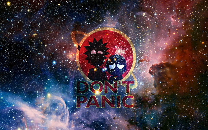 Rick & Morty Don't Panic мъглявина графичен тапет, Rick and Morty, The Hitchhiker's Guide to the Galaxy, space, Rick Sanchez, Morty Smith, HD тапет