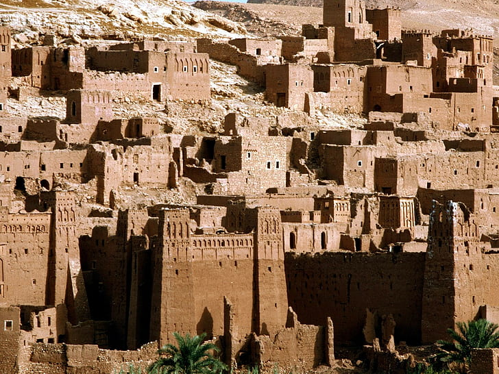 Maroko, desa, benteng, reruntuhan, bangunan tua, Wallpaper HD