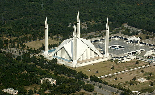 Faisal Masjid Islamabad Pakistan, bangunan 4-tiang beton putih, Asia, Pakistan, masjid indah, masjid islamabad, pakistan beauti, Wallpaper HD HD wallpaper
