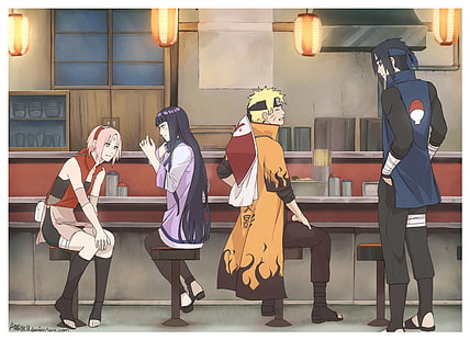 Ilustrasi Naruto, Hinata, Sakura, Naruto, dan Sasuke berdiri di bar counter, Naruto Shippuuden, Uzumaki Naruto, Uchiha Sasuke, Hyuuga Hinata, Haruno Sakura, anime, anime girls, Wallpaper HD HD wallpaper
