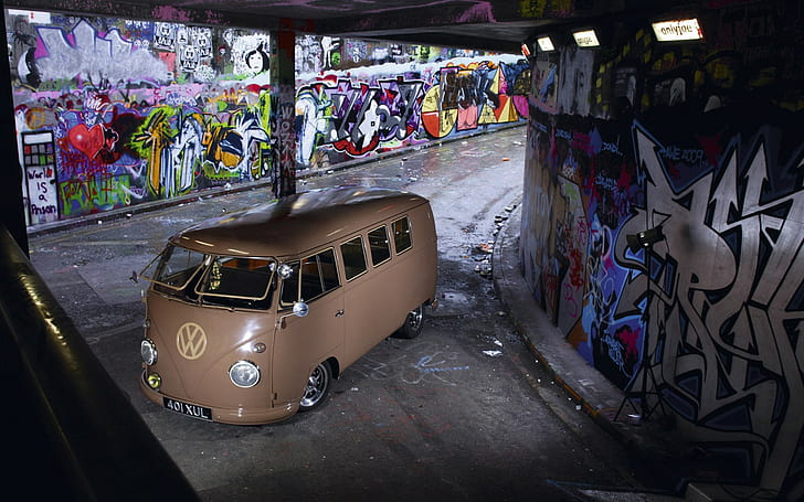 carro, veículo, parede, urbano, Volkswagen, grafite, bege, HD papel de parede