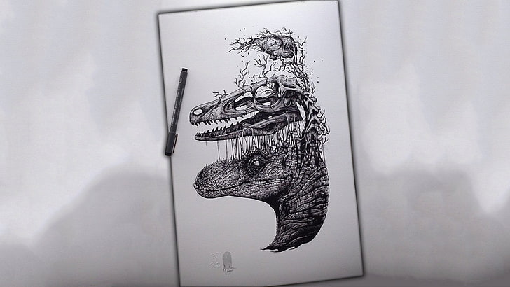 dinosaurs sketch, velociraptors, abstract, monochrome, skull, brain, pens, teeth, HD wallpaper