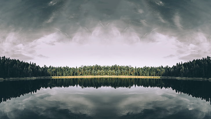 Cuerpo de agua y árboles verdes, paisaje, lago, bosque, horizonte, Fondo de pantalla HD