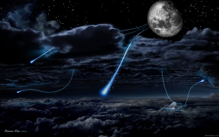 Mond digitale Tapete, digitale Kunst, Wolken, Nacht, Mond, Sterne, Himmel, HD-Hintergrundbild
