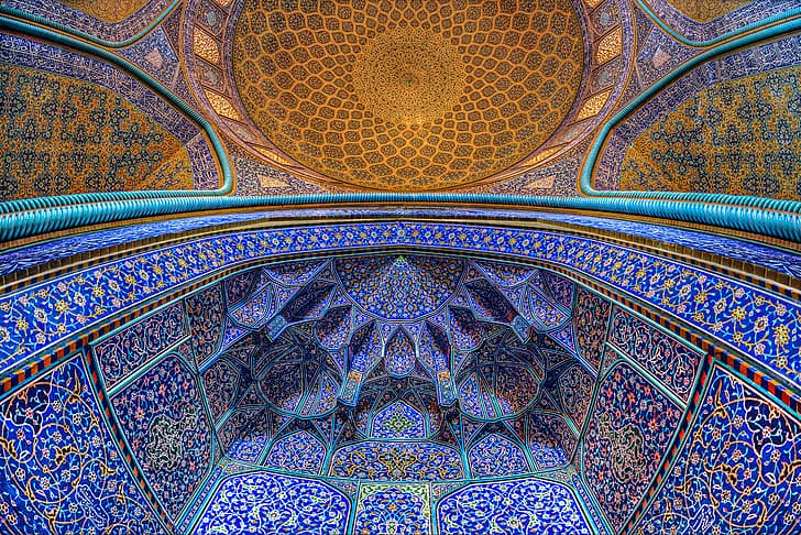 L'Iran, Isfahan, la mosquée Sheikh Lotfollah, l'architecture, la vue de dessous, le motif, la mosquée, Fond d'écran HD