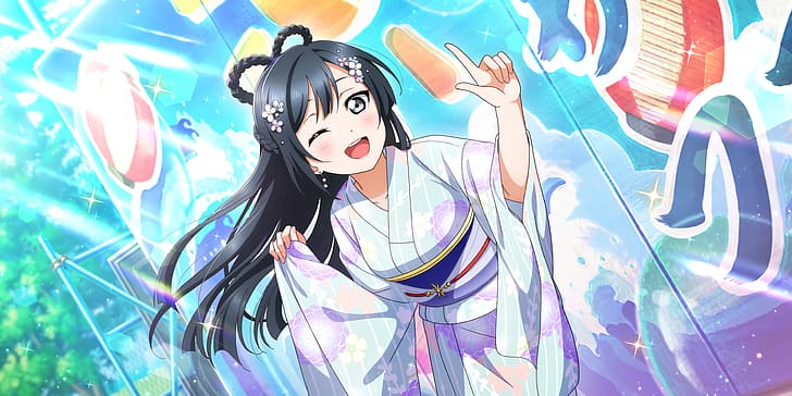 Yuki Setsuna, Love Live !, anime, anime girls, un œil fermé, cheveux noirs, cheveux longs, bouche ouverte, vêtements traditionnels, geste de la main, fleur dans les cheveux, regardant le spectateur, Fond d'écran HD