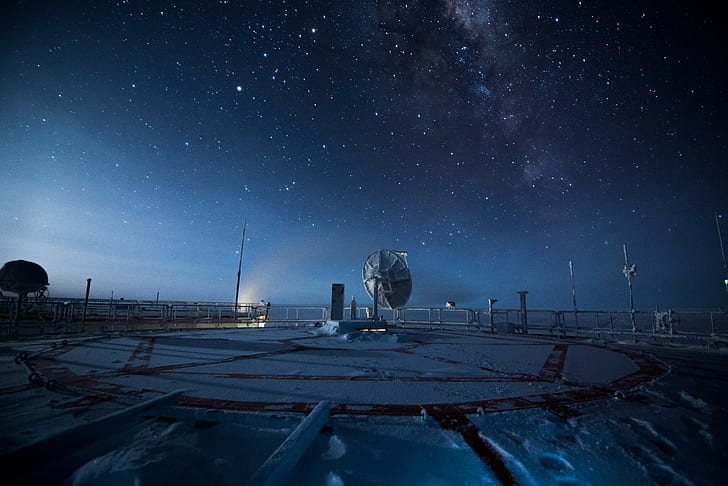 Antarktyda, czyste niebo, stacja badawcza Concordia, lód, krajobraz, światła, droga mleczna, natura, noc, satelita, nauka, śnieg, gwiazdy, technologia, Tapety HD