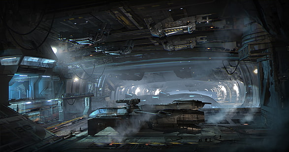 película espacial interior de la nave espacial, ciencia ficción, Star Citizen, nave espacial, hangar, videojuegos, Fondo de pantalla HD HD wallpaper