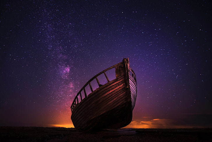 brown boat, boat, stars, starred sky, HD wallpaper