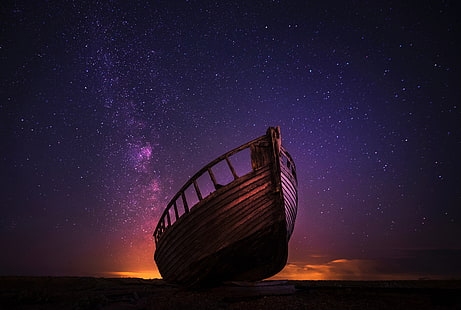 brown boat, boat, stars, starred sky, HD wallpaper HD wallpaper