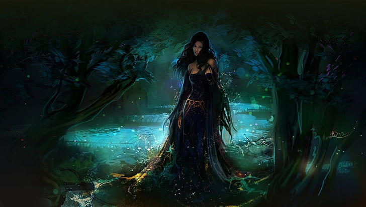 kobieta ubrana w sukienkę w lesie tapeta cyfrowa, sztuka fantasy, Tapety HD