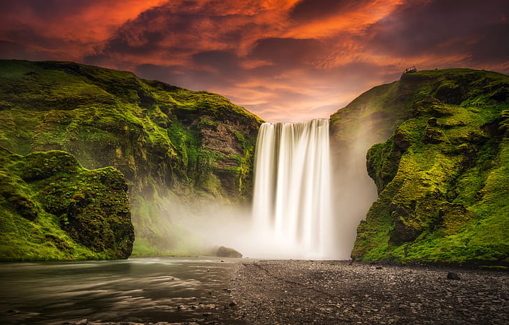 Wodospady, wodospad Skógafoss, blask, Islandia, zachód słońca, wodospad, Tapety HD