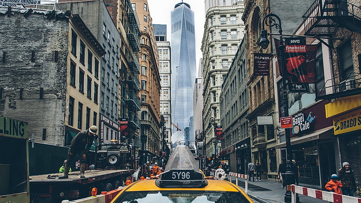 grå betongbyggnad, stad, New York City, taxi, byggnad, One World Trade Center, HD tapet
