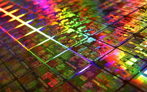 colorful microchip die gold technology geometry it cpu photography, HD wallpaper HD wallpaper