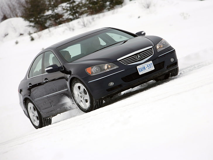 black Acura 2.3TL sedan, acura, rl, black, side view, style, car, snow, trees, HD wallpaper