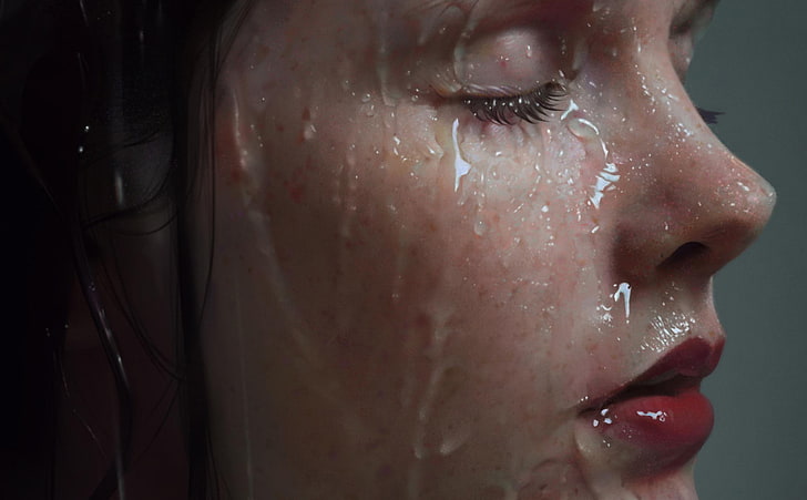 women, wet body, face, closed eyes, water, red lipstick, HD wallpaper