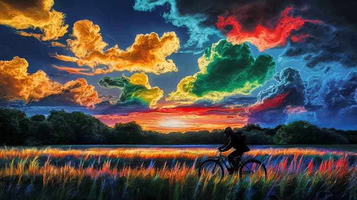 自転車、カラフル、日の出、風景、太陽、乗り物、カラフルな風景、 HDデスクトップの壁紙