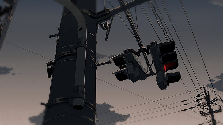 электрический пост иллюстрации, аниме, уличный фонарь, небо, светофор, HD обои
