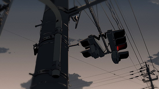 электрический пост иллюстрации, аниме, уличный фонарь, небо, светофор, HD обои HD wallpaper