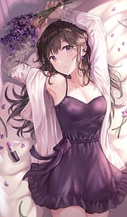Tokkyu (artista), Anime, Anime-Mädchen, auf dem Rücken liegend, Kleid, Lavendel, Lippenstift, HD-Hintergrundbild HD wallpaper