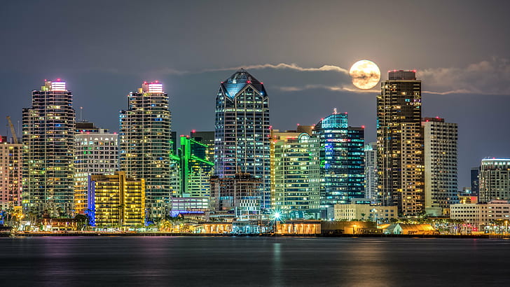 city light in buildingg under full-moon, Full Moon, city light, full-moon, Downtown  San Diego, Architecture, SD, highrise, skyscraper, cities, buildings, urban, San Diego Bay, Bay  Bay, Pacific  Coast, Ocean, Rising, Cloud, Clouds, Night, hdr, 32-bit, canon 5d mark iii, mark 3, urban Skyline, cityscape, reflection, urban Scene, downtown District, dusk, city, HD wallpaper