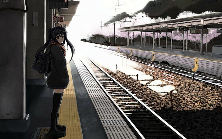 anime, anime girls, original characters, train station, HD wallpaper