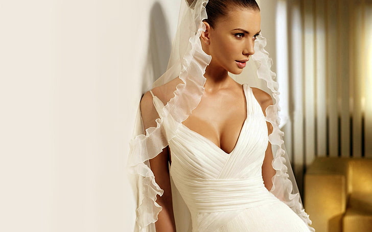 wanita, gaun pengantin, memalingkan muka, gaun putih, belahan dada, berambut cokelat, model, mulut terbuka, Wallpaper HD