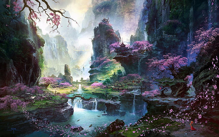 Fantastic world painting, Oriental spring landscapes, Fantastic, World, Painting, Oriental, Spring, Landscape, HD wallpaper