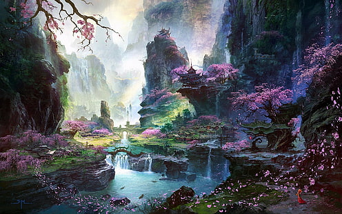 Monde fantastique, peinture, paysages de printemps oriental, fantastique, monde, peinture, oriental, printemps, paysage, Fond d'écran HD HD wallpaper