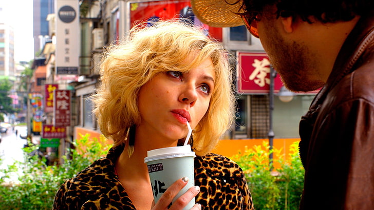 Scarlett Johansson, blonde, drink, short hair, Taipei, Lucy (movie), HD wallpaper