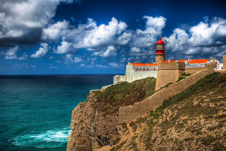 orange and brown lighthouse, sea, coast, lighthouse, Portugal, Cabo de Sao Vicente, Faro, HD wallpaper