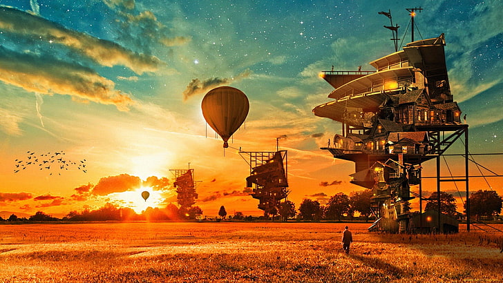 digitale Tapete des Heißluftballons, Heißluftballone, steampunk, digitale Kunst, Sonnenlicht, HD-Hintergrundbild