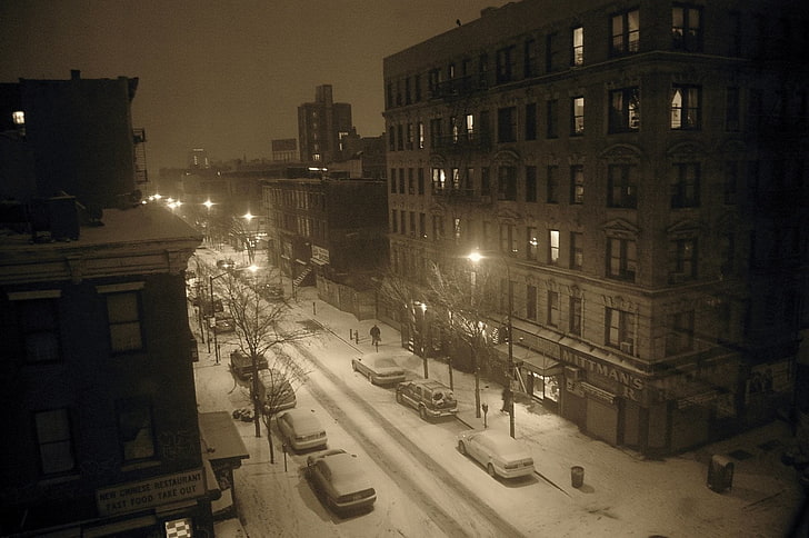 gray concrete building, street, snow, cityscape, New York City, night, sepia, winter, old building, calm, city, HD wallpaper