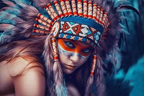 obra de arte, colorido, olhos, pintura facial, penas, cocar, nativos americanos, pintura, mulheres, HD papel de parede HD wallpaper