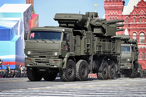 รถบรรทุกทหารสีเทาพร้อมเครื่องยิงจรวดรัสเซีย 9 พ.ค. ซับซ้อนขับเคลื่อนด้วยตัวเอง Victory Parade จัตุรัสแดง Pantsir-S1 ขีปนาวุธและปืนต่อต้านอากาศยาน SA-22 Greyhound, Zrpk, วอลล์เปเปอร์ HD HD wallpaper