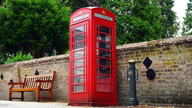 antique, bench, booth, box, bricks, britain, british, classic, england, famous, great britain, iconic, outdoors, outside, phone, phone booth, public, red, street, technology, telephone, telephone booth, traditional, tr, HD wallpaper