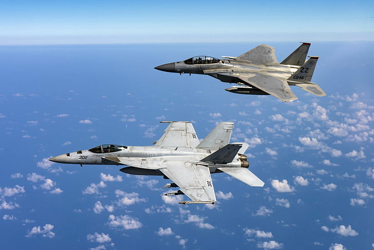 Düsenjäger, Düsenjäger, Flugzeuge, Boeing F / A-18E / F Super Hornet, McDonnell Douglas F-15 Eagle, Kampfflugzeug, HD-Hintergrundbild
