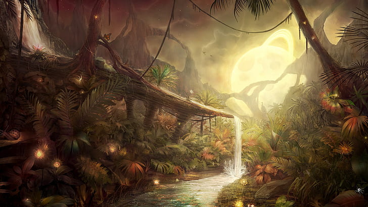 illustration de forêt et de rivière, coloré, nature, art fantastique, Fond d'écran HD