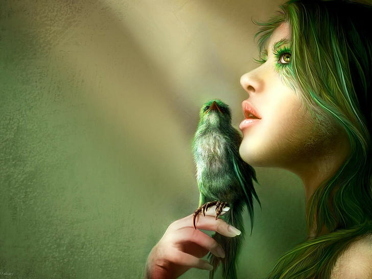 arte de fantasía, pájaros, verde, niña de fantasía, animales, Fondo de pantalla HD