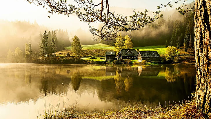 Country House, Danau, pagi, suasana hati tenang, pemandangan indah, rumah pedesaan, danau, pagi, suasana hati tenang, pemandangan indah, Wallpaper HD
