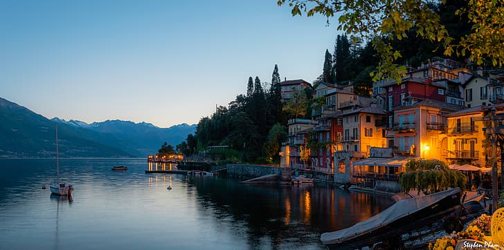 alberi, paesaggio, montagne, lago, palazzo, casa, yacht, Italia, Lombardia, Lago di Como, Varenna, Sfondo HD