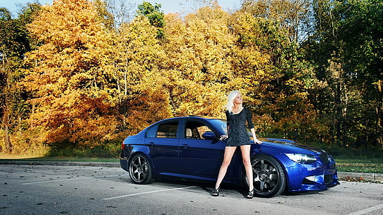 donne con auto, donne, bionde, miniabito, abito nero, tacchi alti, BMW Serie 3, Sfondo HD HD wallpaper