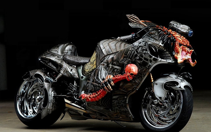 черно-красный спортивный мотоцикл, тюнинг, спортбайк, аэрография, дизайн, HD обои