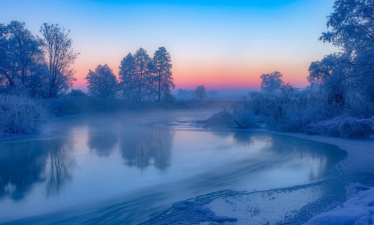 hiver, neige, arbres, coucher de soleil, rivière, Pologne, roseau, gel, River Gwda, Река Гвда, Fond d'écran HD