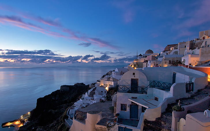Santorini Grecia, luci, mare, paesaggio, sfondo, Sfondo HD