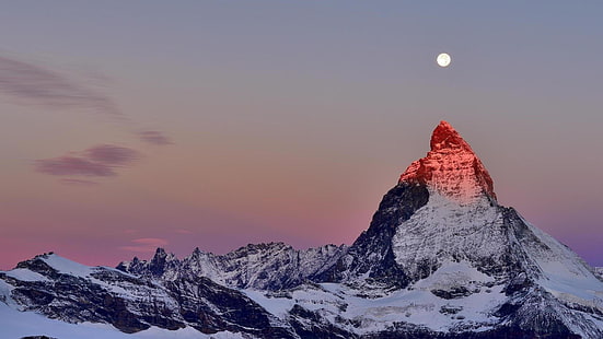 mañana, europa, zermatt, suiza, amanecer, nunatak, gornergrat, matterhorn, luna llena, cielo, luna, congelación, nieve, alpes, invierno, montaña, pico, cordillera, Fondo de pantalla HD HD wallpaper
