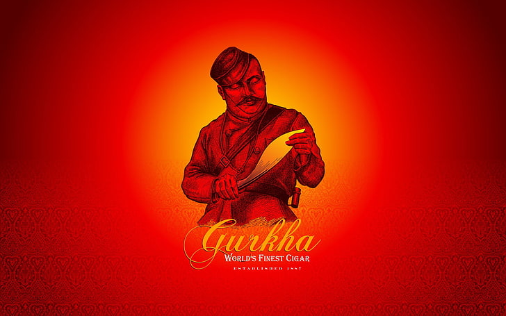 Fondo de pantalla de Gurkha, kukri, cubano, cigarros, rojo, bigote, simple, fondo rojo, Fondo de pantalla HD