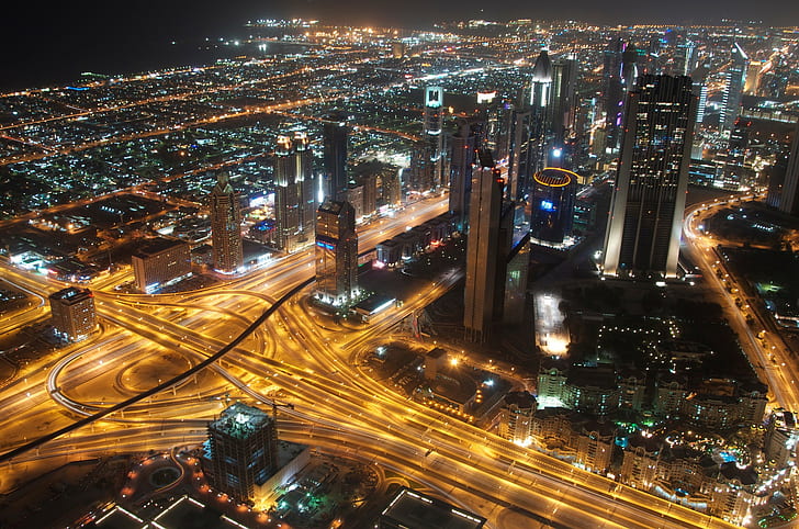 cityscape, building, interchange, traffic, night, long exposure, Dubai, HD wallpaper